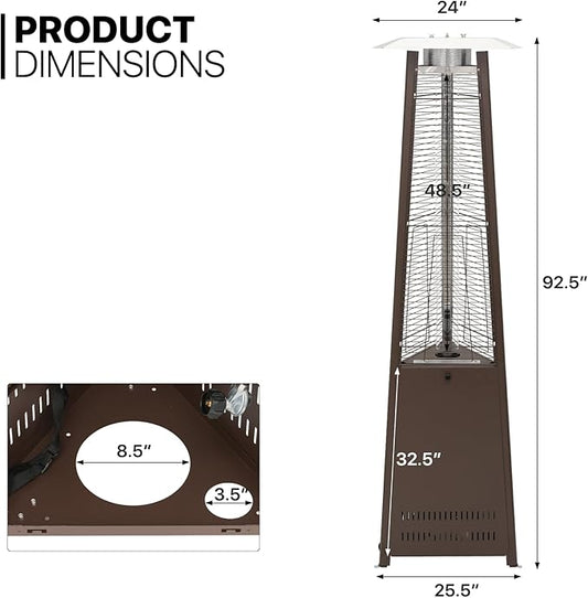MoNiBloom 42000 BTU Propane Pyramid Patio Heater with Wheels and Glass Tube Flame Burner Outdoor Patio Heater for Commercial Use, Residential, Garden, Backyard, Porch, Deck, Balcony (Coffee Brown)