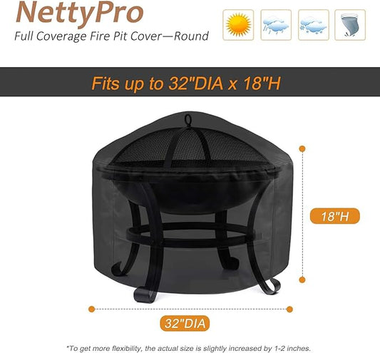 NettyPro Fire Pit Cover Round Waterproof Outdoor Firepit Cover for Gas Propane Fire Pit Table, 32 x 18 inch, Black