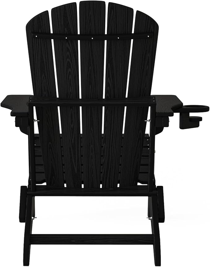 Plawdlik Folding Adirondack Chair Set of 4, Cup Holder,Wooden Textured ,Heavy All-Weather HDPE Comfortable Set Poolside Backyard Lawn Black