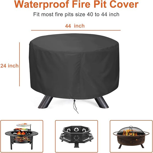 LBTING Fire Pit Cover, 44 inch Cover for 41-44 inch Round Firepit, Waterproof Windproof Dustproof UV-Resistant Heavy Duty Cover for Outdoor Patio Firepit Table - Black
