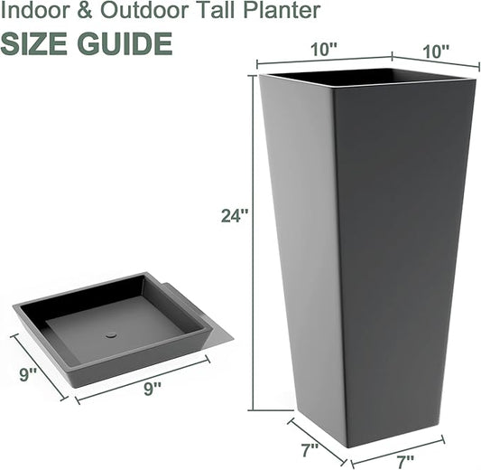 Set of 2 Tall Planters with Drainage Tray, 24 Inch Large Flower Pots for Indoor Outdoor Plants Mordern Planter Weather-Resistant for Patio, Front Door Decor, Garden (Gray)