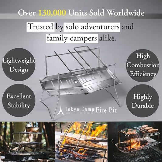 Tokyo Camp HAKOSUKA Portable Fire Pit, Foldable Stainless Steel Wood Burning Stove, Lightweight Compact Grill for Solo Camping, Outdoor BBQ, Bonfire – Rugged Japanese Design