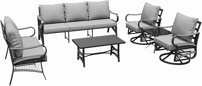 6 Piece Patio Furniture Set, 2 Single Swivel Chairs, Rope Braided Exposed with Thick Cushions, Outdoor All Weather Patio Conversation Sectional Sofa Set for Garden, Porch, Lawn, Grey