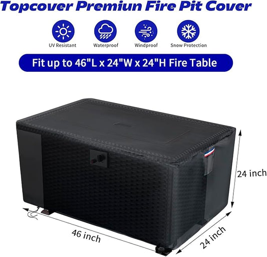 Rectangle Fire Pit Cover,Waterproof 600D Heavy Duty Outdoor Firepit Table Cover For 45 Inch Rectangular Propane Gas Fire Pit Table,Tear Resistant Fireplace Covers - 46"L x 24"W x 24"H,Black