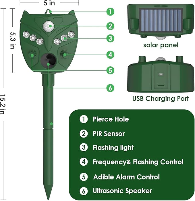 Solar Animal Repellent, Cat Repellent Outdoor, Squirrel Repellent, Deer Repellent, Motion Sensor & Flashing Light, Repel Dogs, Deer, Fox, Raccoon, Skunk, Rabbit, Squirrels, Coyote Deterrent for Yard