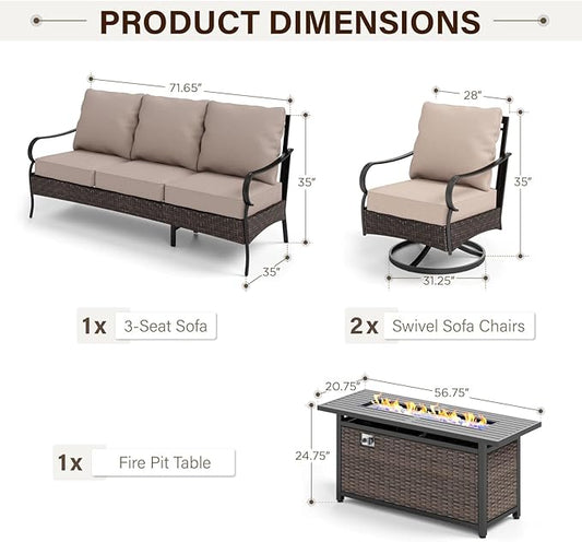 GREEN PARTY Extra Large Outdoor Patio Furniture Set with 56" Fire Pit Table 4 Pieces for 5, Modern Metal Patio Conversation Sets with High Back 3-Seat Sofa, 2 Swivel Chairs, 1 Fire Pit Table