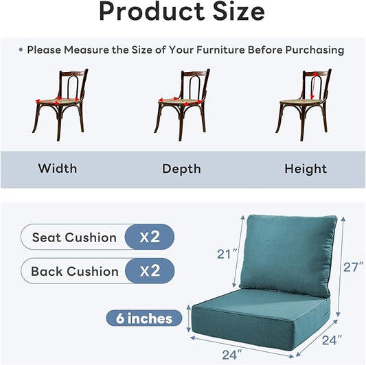 6" Thicker Outdoor Chair Cushion 2 Sets - 24" *24" *6" Waterproof Patio Furniture Cushions with Removable Cover, 28D High Density Sponge Filling Thicken Outdoor Patio Cushions - Peacock Blue