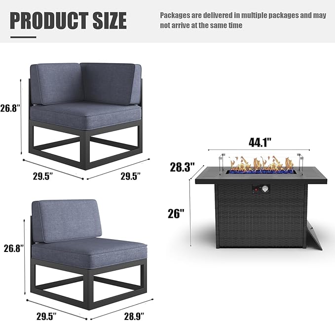 LayinSun Large Aluminum Patio Furniture Set with Fire Pit Table, 6 Pieces Modern Outdoor Conversation Set Sectional Metal Sofa Set with Olefin Cushion