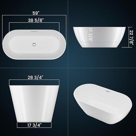 59" Free Standing Tub, Acrylic Soaking Bathtub, Stand Alone Freestanding Tub with Matte Sliver Drain and Overflow, Contemporary Bathtub for Bathroom, Gloss White