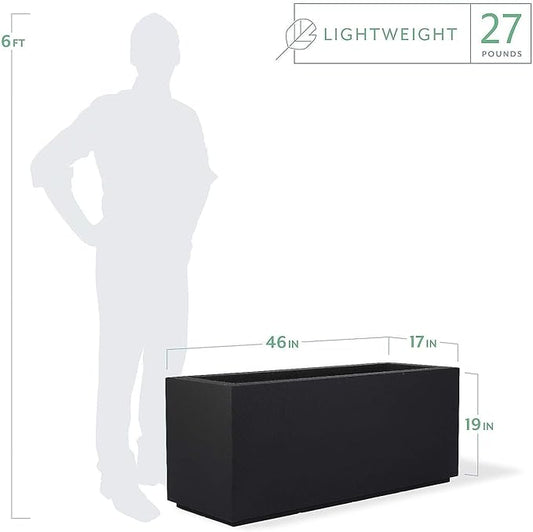 PolyStone Milan Tall Modern Outdoor/Indoor Rectangular Trough Planter, 46" L X 17" W X 19" H, Lightweight, Heavy Duty, Weather Resistant, Polymer Finish, Commercial and Residential (Black)
