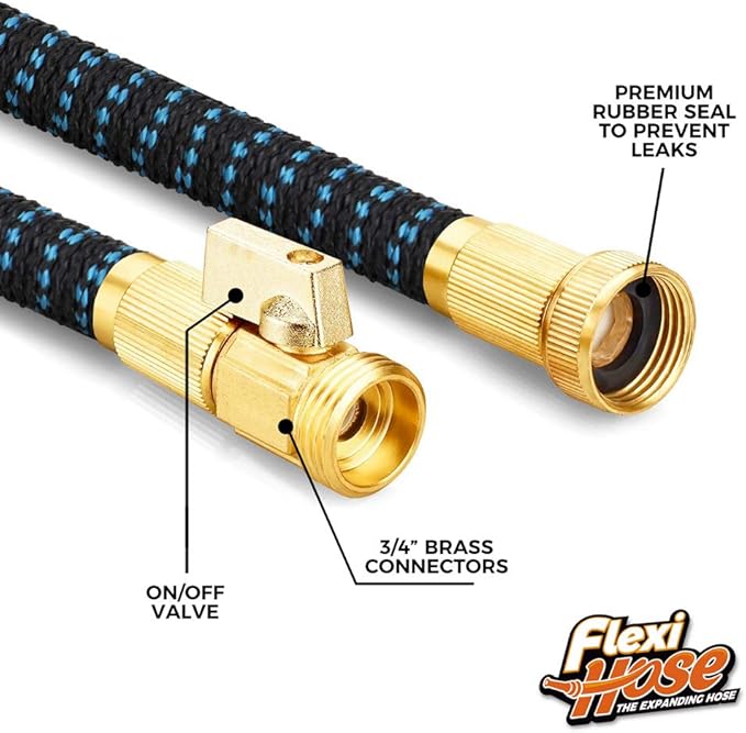 Flexi Hose Expandable Garden Hose with 8 Function Nozzle, 50FT - Lightweight Retractable Garden Hose, Water Hose - No-Kink Flexibility, 3/4 Inch Solid Brass Fittings and Double Latex Core