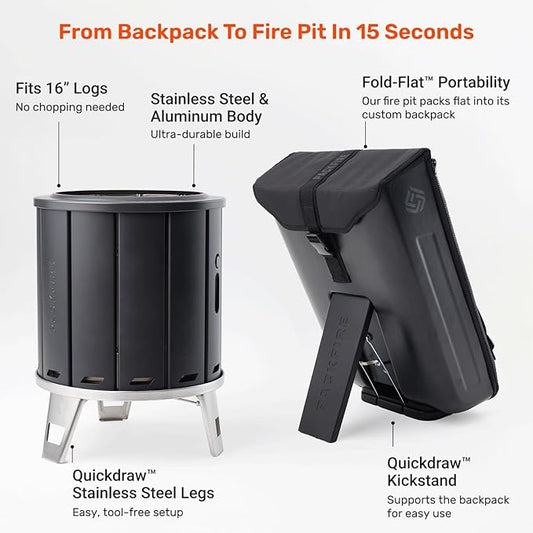 Portable Camping Fire Pit - Packable Fold-Flat Design, Smokeless Burn, Stainless Steel & Aluminum, Includes Backpack, Ideal for Outdoor & RV Adventures