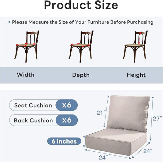 6" Thicker Outdoor Chair Cushion 6 Sets - 24" *24" *6" Waterproof Patio Furniture Cushions with Removable Cover, 28D High Density Sponge Filling Thicken Outdoor Patio Cushions - Beige