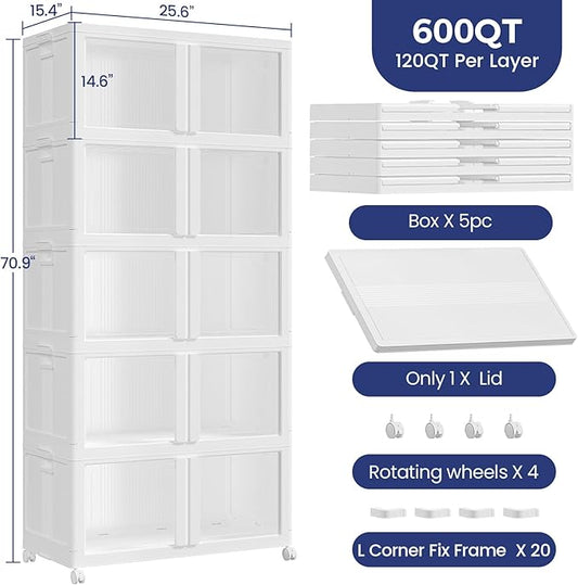 600Qt Stackable Storage Bins with Lid and Wheels, 150Gal Plastic Closet Organizer and Storage Drawer, Large Collapsible Storage Box Cabinet with Clear Door for Home Kitchen Office, 5Pack White