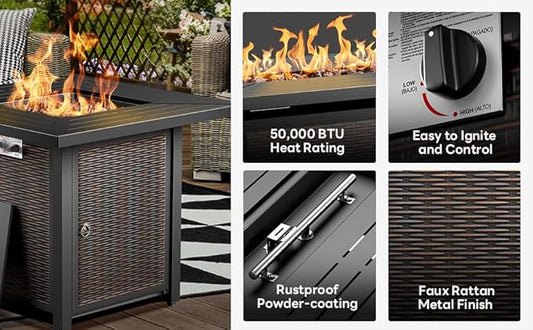 Wicker Outdoor Swivel Chairs Set of 4 with Fire Pit Table, 5 Pieces Patio Furniture Set with Fire Pit Table for Yard, Deck, Garden, Grey/Grey