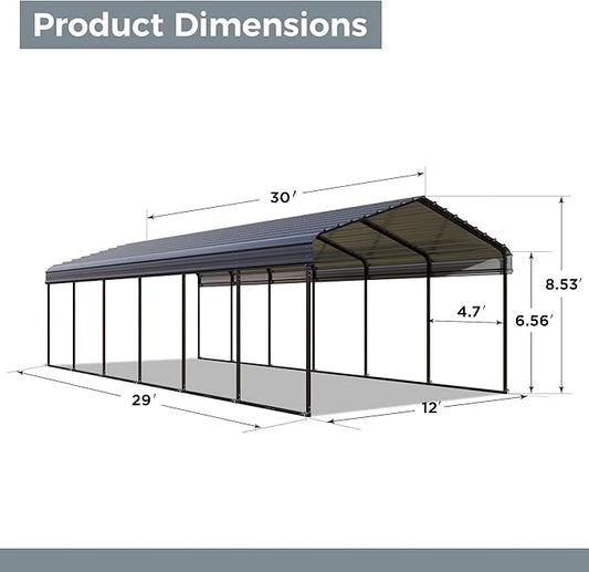 GREEN PARTY 12 x 30 ft Metal Carport Kits with Galvanized Steel Roof, Heavy Duty 2 Car Metal Carport Canopy, Outdoor Car Tent Metal Garage Shelter for Car, SUV, Truck and Boats, Grey