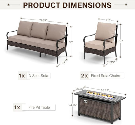 GREEN PARTY Extra Large Outdoor Patio Furniture Set with 56" Fire Pit Table 4 Pieces for 5, Modern Metal Patio Conversation Sets with High Back 3-Seat Sofa, 2 Fixed Chairs, 1 Fire Pit Table