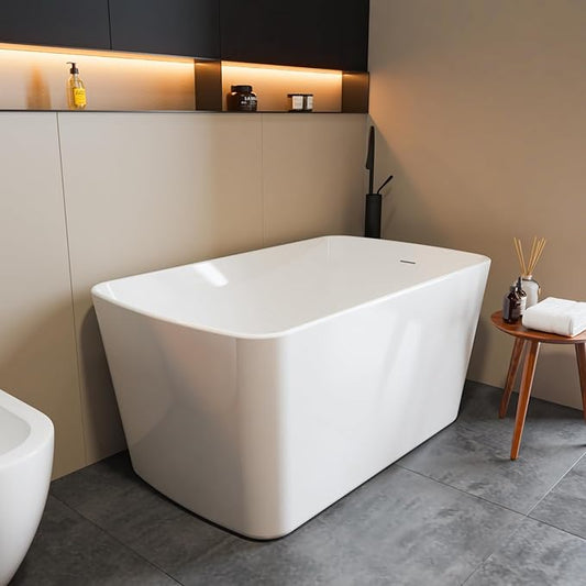 49" Free Standing Tub, Acrylic Soaking Bathtub, Stand Alone Freestanding Tub with Matte Sliver Drain and Overflow, Contemporary Bathtub for Bathroom, White