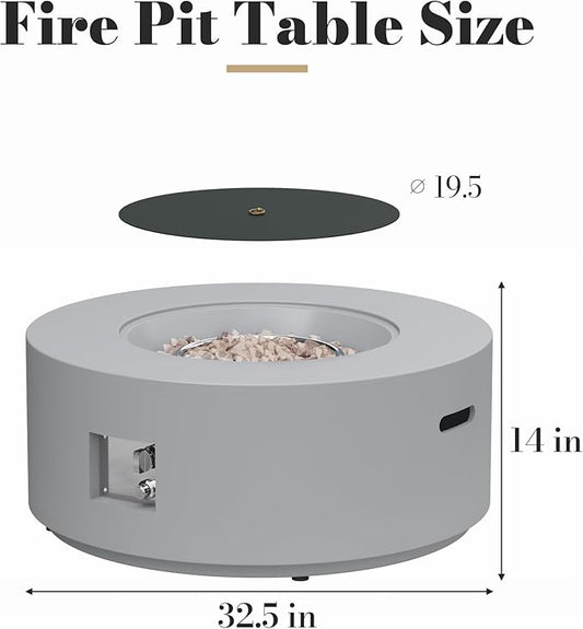 32.5 Inch Propane Fire Pit Table, 50,000 BTU Round Patio Fire Pit Table Outdoor, CSA Certified, Stainless Burner with Steel Lid, Waterproof Cover & Lava Rocks, for Backyard Garden, Gray