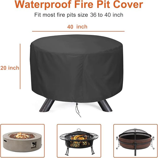 LBTING Fire Pit Cover, 40 inch Cover for 37-40 inch Round Firepit, Waterproof Windproof Dustproof UV-Resistant Heavy Duty Cover for Outdoor Patio Firepit Table - Black