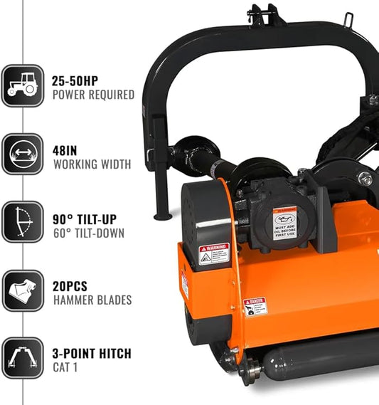 48" Inch PTO Drive 3 Point Hitch Offset Flail Ditch Bank Mower for 25-50HP Tractor, 69'' Offset Distance,60°/90° Rotation Angle, 20 Hammers, Model VAM48