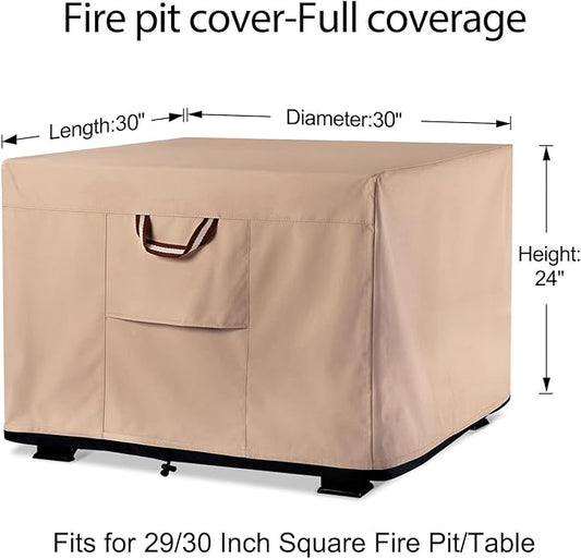 QH.HOME Fire Pit Cover Square-29-30 Inch Heavy Duty 900D Strong Tear-Resistant and UV Resistant and Waterproof and Fading Resistant Material Polyester Firepit Covers for Outdoor Fire Table-Wheat