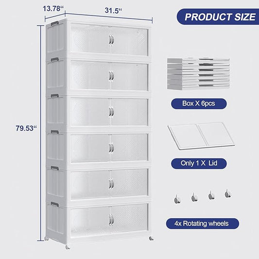 960QT Plastic Stackable Storage Bins with Lid, 240GAL Extra Large Collapsible Box with Wheels Clear Door, Foldable Closet Organizer Container Cabinet Drawer for Home Kitchen,6Pack, White