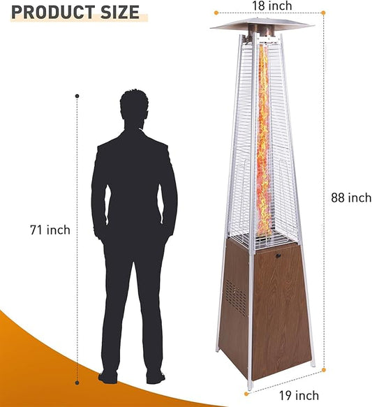 Patio Heater with Cover, 48,000 BTU Pyramid Flame Outdoor Heater, Propane, Detachable Wheels, Quartz Glass Tube for Patio, Garden, Courtyard, Park, Poolside (Brown)