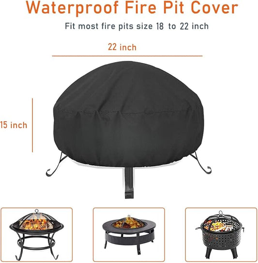 LBTING Fire Pit Cover, 22 inch Cover for 18-22 inch Round Firepit, Waterproof Windproof Dustproof UV-Resistant Heavy Duty Cover for Outdoor Patio Firepit Table - Black