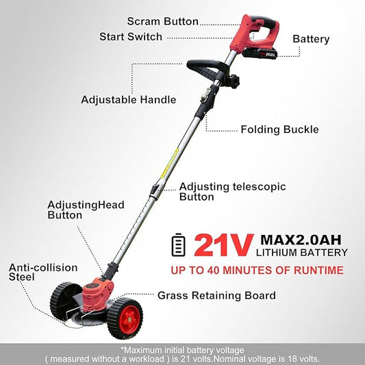 21V Cordless Grass Trimmer, Electric String Weed Wacker with 2.0Ah Lithium Battery, Telescopic Handle, 40 Min Runtime, 18000 RPM, Low Noise 92dB (Red)