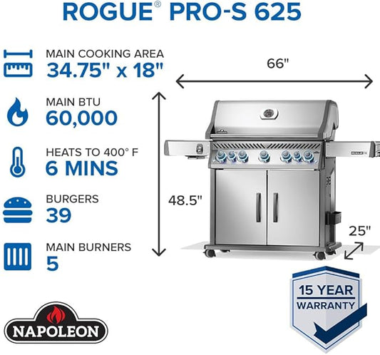 Napoleon Rogue PRO-S 625 Natural Gas Grill with Infrared Side and Rear Burners, Stainless Steel, Durable 7-Burner Outdoor BBQ