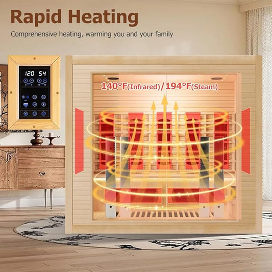 4-5 Person Hybrid Home Wood Sauna, Indoor WiFi Control Far Infrared & Traditional Canadian Hemlock Steam Saunas Spa with Red Light Therapy, 14 Heating elements & Electric Stove, Accessories, Rightdoor