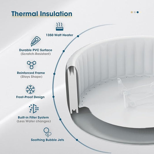 Inflatable Hot Tub 2-3 Person, Portable Blow Up Hottub with Cover, Built in Heater Pump 110 Air Jets, Square Outdoor Spa, Cup Holder, 2 Filters, Grey