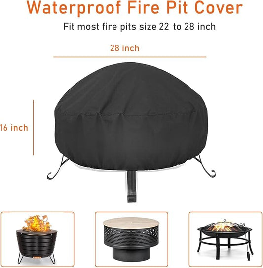 LBTING Fire Pit Cover, 28 inch Cover for 23-28 inch Round Firepit, Waterproof Windproof Dustproof UV-Resistant Heavy Duty Cover for Outdoor Patio Firepit Table - Black