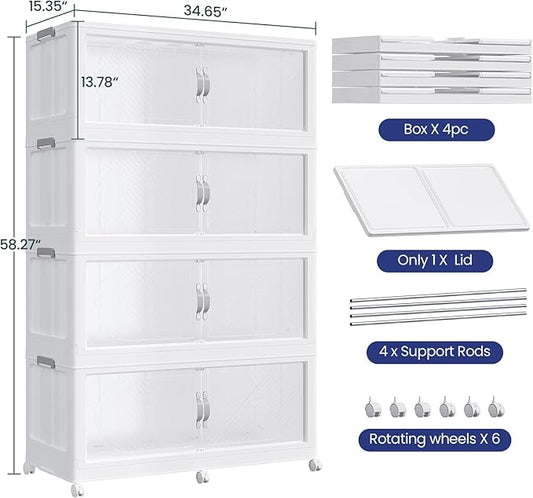 960QT Plastic Stackable Storage Bins with Lid, 240GAL Extra Large Collapsible Box with Wheels Clear Door, Foldable Closet Organizer Container Cabinet Drawer for Home Kitchen,4Pack, White