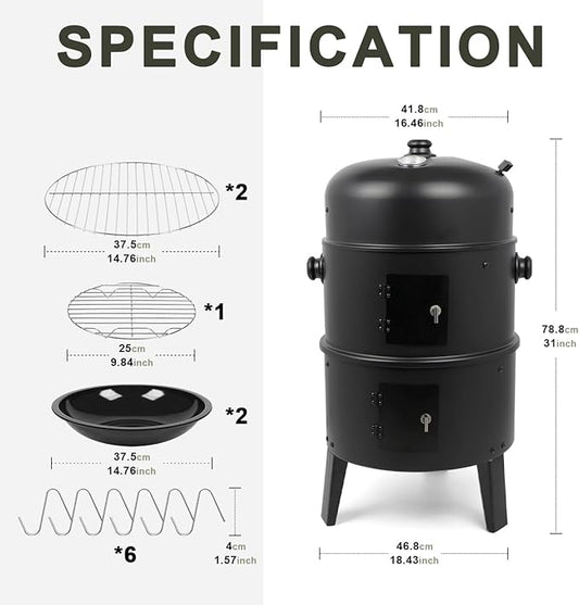 HALNYHYFD Charcoal BBQ Smoker, 16 Inch Heavy Duty Grill with 2 Cooking Area and Thermometer, 4 In 1 Vertical Smokers Grill for Outdoor Camping Backyard Picnic Party
