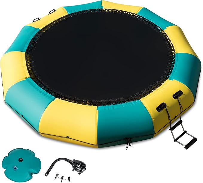 GYMAX Water Trampoline, Floating Lake Trampoline with Electric Pump & Rope Ladder, Inflatable Water Bouncer for Lake, Heavy Duty for Adults