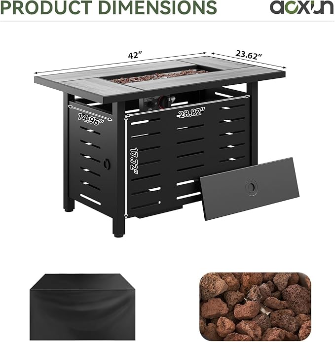 Aoxun 42" Propane Fire Pit Table Ceramic Top, 60000 BTU Outdoor Patio Heater with Lava Rocks, Rectangle Gas Fire Pits for Outside Patio with Removable Lid, Black