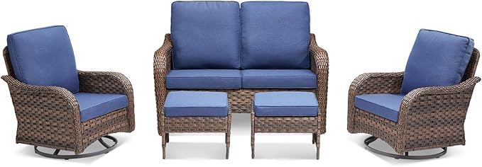 5 Pieces Patio Furniture Set, Outdoor Wicker Sofa with Swivel Patio Chairs, Ottomans, All Weather High Back Rattan Loveseat Couch with Comfy Cushions, Brown/Blue