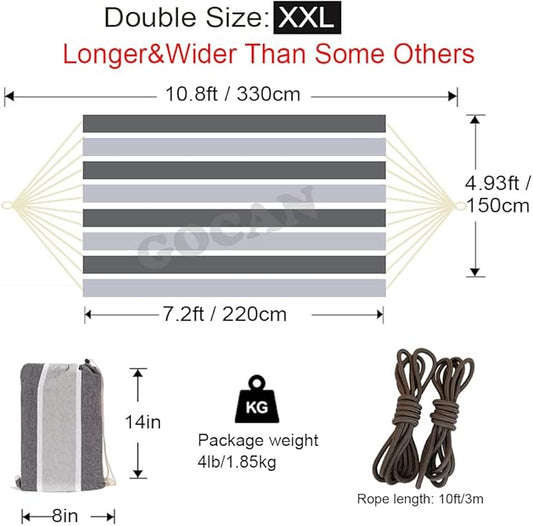 GOCAN Brazilian Double Hammock 2 Person Extra Large Canvas Cotton Hammock for Patio Porch Garden Backyard Lounging Outdoor and Indoor (Gray Stripe)