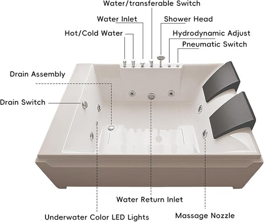 72"x48" Acrylic Jetted Tubs with 8 Whirlpool Nozzles, 2 Person Massage Whirlpool Bathtub with Pillows, 3 Sided Apron Design, Hydro Massage, Color-Changing LED Lights Chromatherapy, Left Drain