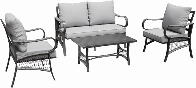 4 Piece Patio Furniture Set, All Weather Outdoor Sectional Sofa Conversation Set with Thick Cushions and Metal Coffee Table for Garden, Porch, Lawn, Grey