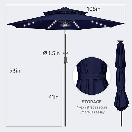 FLAME&SHADE 9 ft Double Top Solar Powered Outdoor Market Patio Table Umbrella with LED Lights and Tilt, Navy Blue