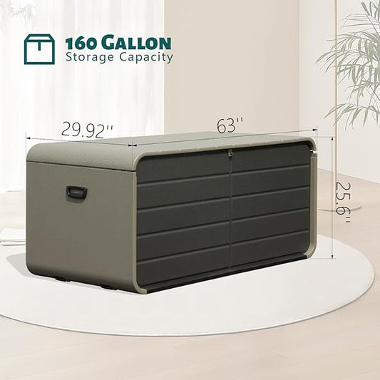 Domi 160 Gallon Outdoor Storage Box – Waterproof, UV-Resistant Deck Box with Lockable Lid for Patio Furniture, Garden Tools, Delivery Packages (Large Resin Storage Bin)