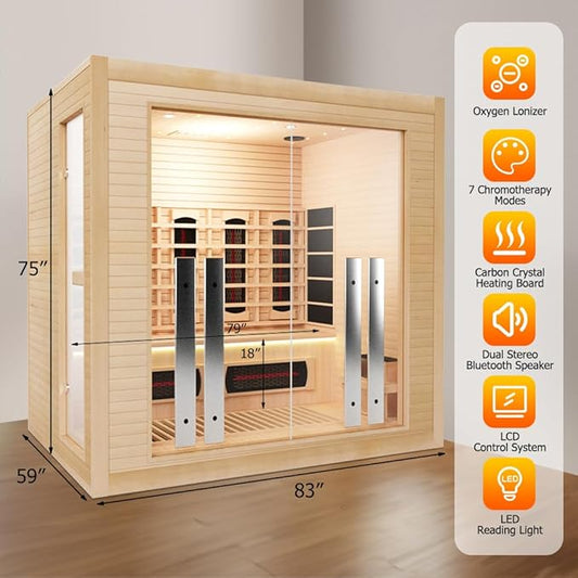 4-5 Person Hybrid Home Wood Sauna, Indoor WiFi Control Far Infrared & Traditional Canadian Hemlock Steam Saunas Spa with Red Light Therapy, 14 Heating Elements & Electric Stove, Accessories, Leftdoor