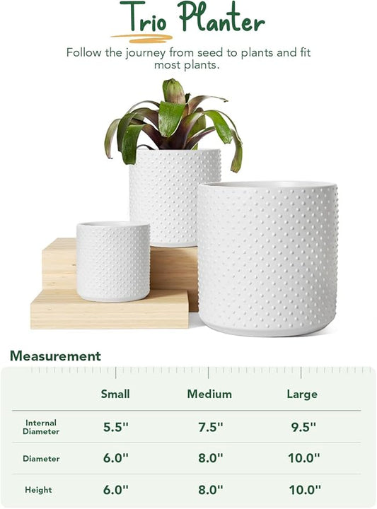 LE TAUCI Ceramic Plant Pots Indoor, 10+8+6 Inch Planters for Indoor Plants, Raised Dots Flower Pots with Drainage Hole and Plug, Cylinder Round Planters, Set of 3, White