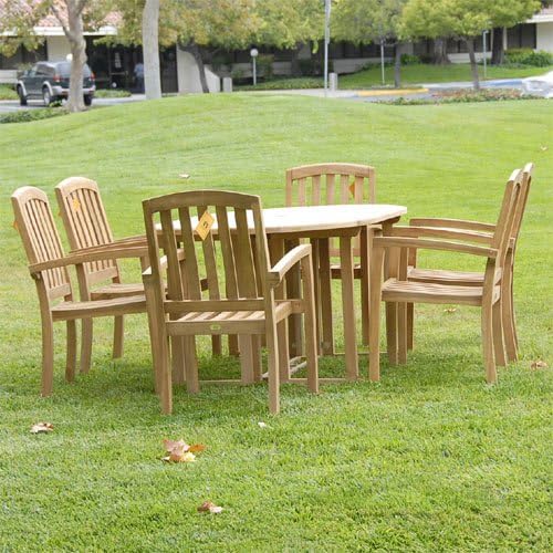 Grade-A Teak Outdoor Dining Set with Hawken 84”x40” 7 Pieces | Oval Double Extension Table & 6 Stacking Chairs | Wooden Outdoor Seating for Garden Fine Sanded, Natural Finish