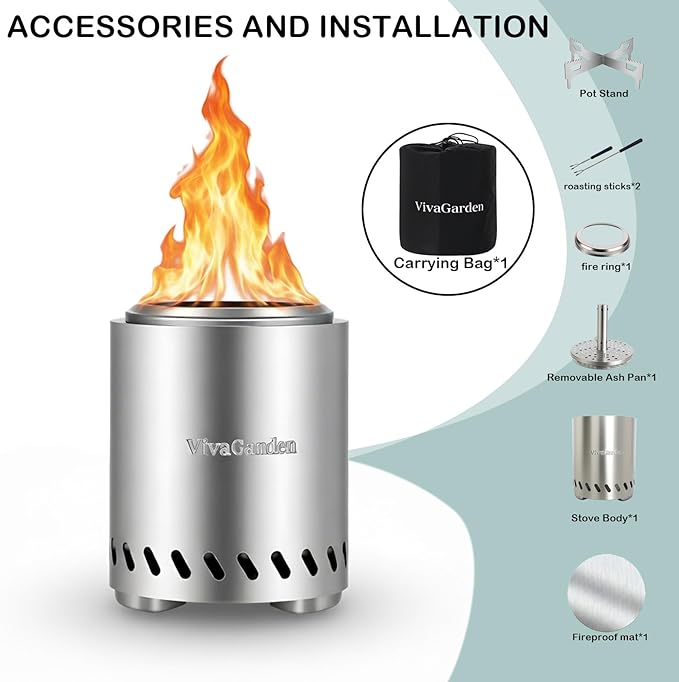 9.7 x 7.1 inch Tabletop FirePit, VivaGarden Portable Fire Pit Outdoor, Wood and Pellets Burning Camping Stove with Carry Bag, Forks, Mat and Pot Stand (Silver)