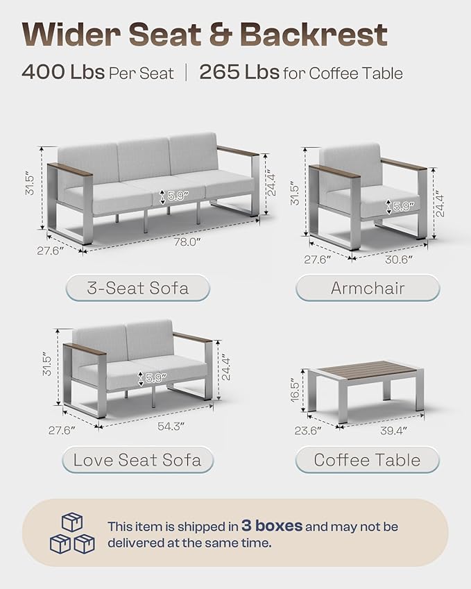 Aluminum Outdoor Patio Furniture, 1 Piece Loveseat, All-Weather Metal Modern Outside Sofa for Deck, Porch (LightGray)