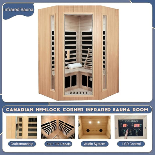 2-3 Person Infrared Sauna, Far Infrared Saunas for Home Low EMF Indoor Home Sauna Spa, Hemlock Wooden Corner Sauna Room,1670Watt, Bluetooth Speakers, Reading Lamps